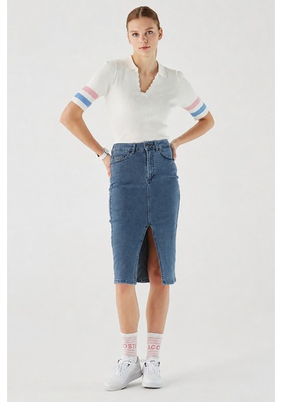 Lacoste Slim Fit Womens Skirt Dar Kesim Yırtmaçlı Kadın Kot Etek Lacivert