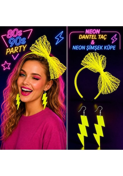Go İthalat Neon Sarı Dantel Taç Ve Şimşek Küpe 80&amp Apos Ler 90&amp Apos Lar Parti Seti 0 - 99