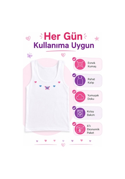 Tutku 6'lı Paket Kız Çocuk Geniş Askılı İşlemeli Atlet %100 Pamuk Tkc0166 Beyaz