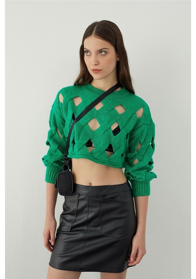 Yeşil Oversize Delikli Triko Crop Kazak - Yeşil