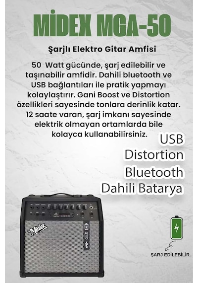 Mga-50-pak Elektro Gitar Amfisi 50 Watt Usb Bluetooth Şarjlı 4 Girişli Mikrofon Kulaklık Stand Kablo