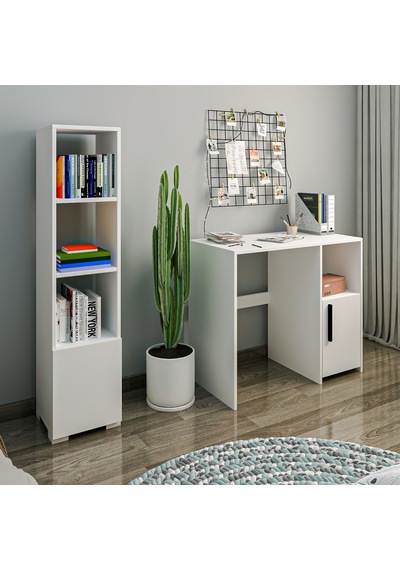 Kuzey 4 Raflı, Kapaklı Minimal Beyaz Kitaplık