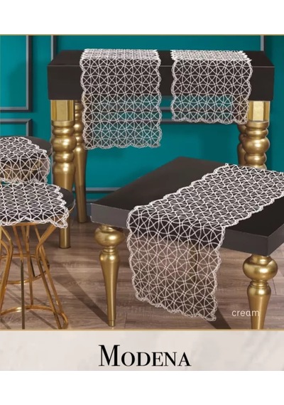 Salon Takımı 5 Parça Tül İşlemeli Masa Örtüsü Runner Seti Çeyizlik Modena Model Krem Çok Renkli