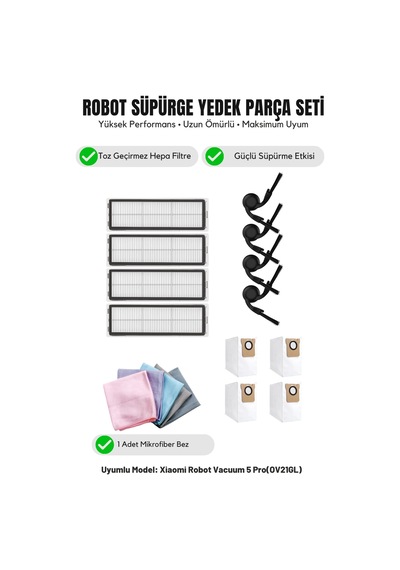Robot Vacuum 5 Pro Ov21gl İle Uyumlu 4 Yan Fırça 4 Filtre 4 Toz Torbası 1 Temizlik Bezi 14.0