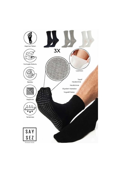 Saysez Erkek Bambu Kaydırmaz Taban Silikon Baskı Hac Umre Tavaf Pilates Yoga Lastiksiz Çorap 3'lü Siyah-beyaz-gri