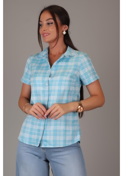Sweetness Kadın Mavi Kareli Kısa Kollu Pamuklu Gömlek Dk-1190 Mavi