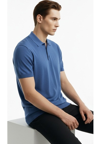 Alpha Studio Mavi Erkek Slim Fit Kazak Au-1041bs Cold Dye Polo Indigo
