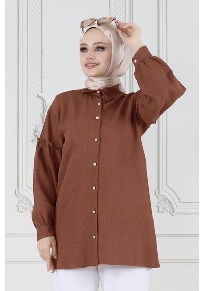 Sevitli Kolu Fırfır Detaylı Tunik-kahverengi-3617-kahverengi Kahverengi