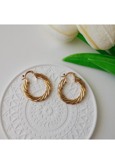 Lente Aksesuar Gold Çelik Işıltılı Çizgili Model Vintage Kadın Halka Küpe Altın
