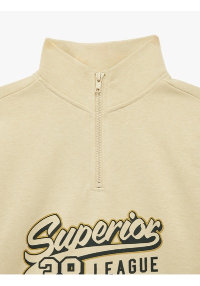 Koton Baskılı Fermuarlı Uzun Kollu Pamuklu Dik Yaka Sweatshirt Bej 7wkb10298tk Ekru