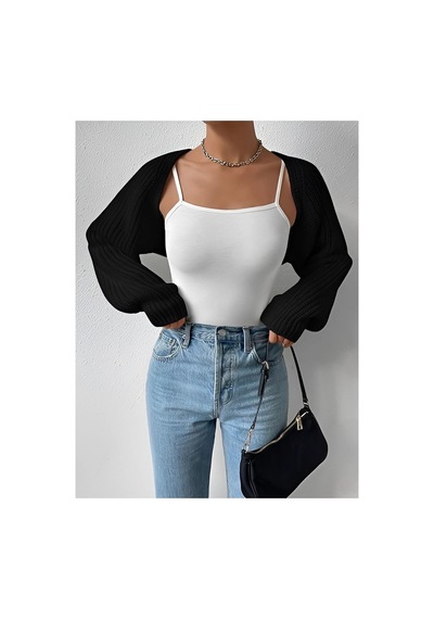 Moibody Triko Örgü Reglan Kol Bolero Hırka Kore Tarzı 4 Mevsim Siyah Siyah