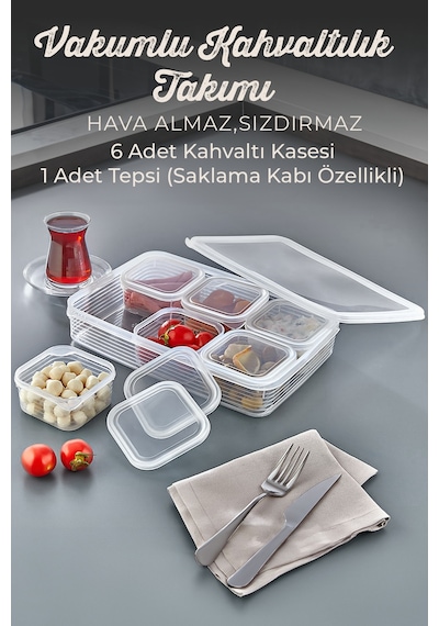 7 Parça Vakum Kapaklı Sızdırmaz Hava Almaz Kahvaltıık Seti - Kahvaltılık Şeffaf