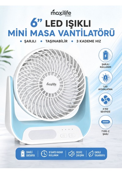 Breeze Mg-5146f Şarjlı Mini Masa Vantilatörü Led Işıklı 3 Kademeli Usb Type-c