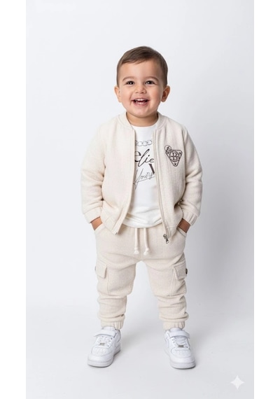 Bontino Erkek Çocuk Sweatshirt, Hırka Ve Pantolonlu %100 Pamuk 3'lü Spor Takım Ekru