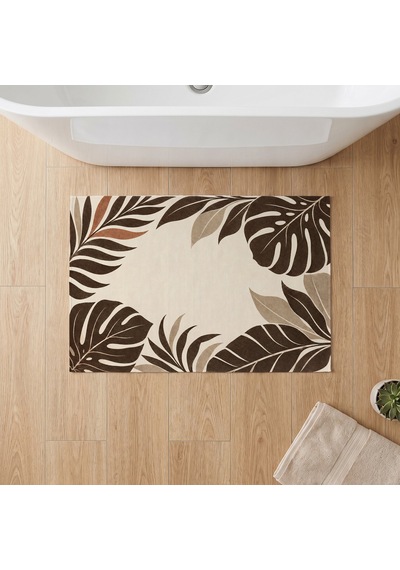 Kartela Halı Botanik Yaprak Desenli Banyo Paspası Bej Kaymaz Taban Makinede Yıkanabilir 60x90 Cm