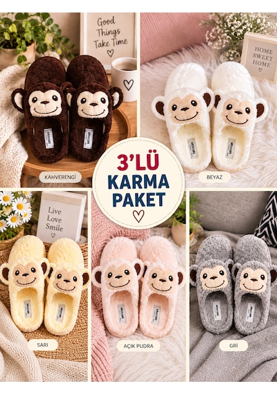 Moon Cloud Karma Peluş Terlik Pofuduk Sıcak Tutan Ev Terlik Çeyizlik - Hediyelik Zyn296 Monkey Desenli