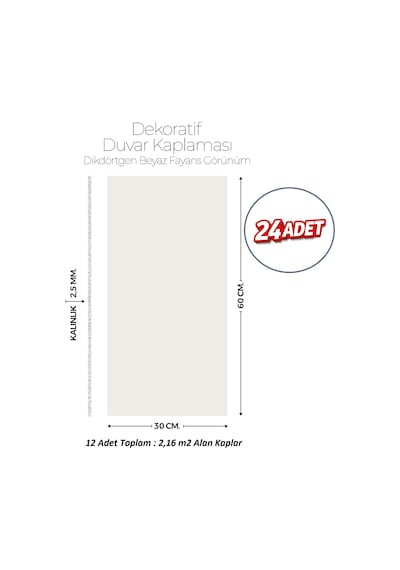 30x60 Cm Kendinden Yapışkanlı Duvar,banyo,tezgah Arası Kırık Beyaz Renk-24 Adet 08811-30-24