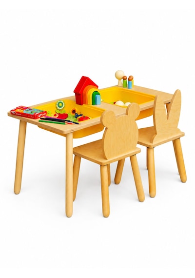 Wood&joy Çift Bölmeli Duyusal Aktivite Merkezi ve 2 Sandalye Seti Sarı
