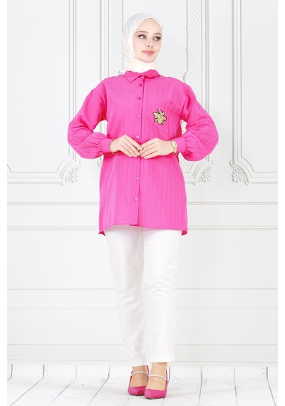 Sevitli Cebi Arı Detaylı Keten Tunik-fuşya-3868-fuşya Fuşya