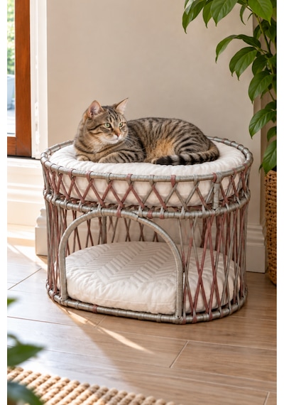Reyo Tasaryum Çift Katlı Kedi Yatağı Ve Kedi Ranzası, Minderli İskandinav Tasarım Kedi Evi, Örgü Gövdeli Kedi Yuvası Gri