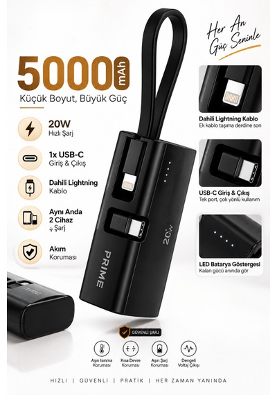 5000 Mah Powerbank 20w Pd Hızlı Şarj Dahili Lightning Kablolu Usb-c Taşınabilir Şarj Cihazı siyah