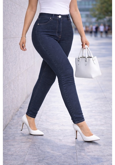 Cedy Denim Slim Fit Jean Büyük Beden Yüksek Bel Dar Kesim Esnek Kot Pantolon C597 Lacivert