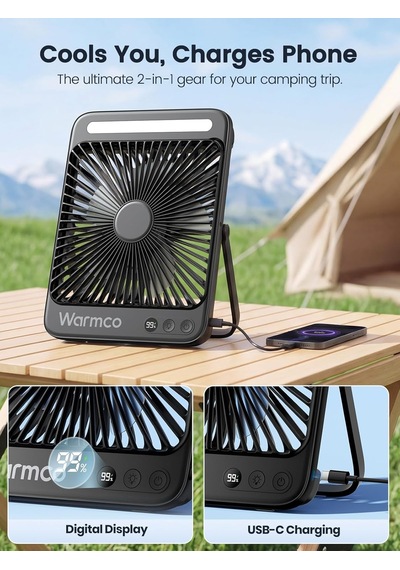 Warmco 20000mah 8 İnç Taşınabilir Kamp Fanı, 48 Saat Maksimum Çalışma Süresi, Led Işık, Sessiz İnce Pille Ça