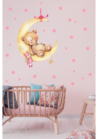 Ayda Uyuyan Sevimli Ayıcık Bebek Ve Pembe Yıldızlar Sticker Seti
