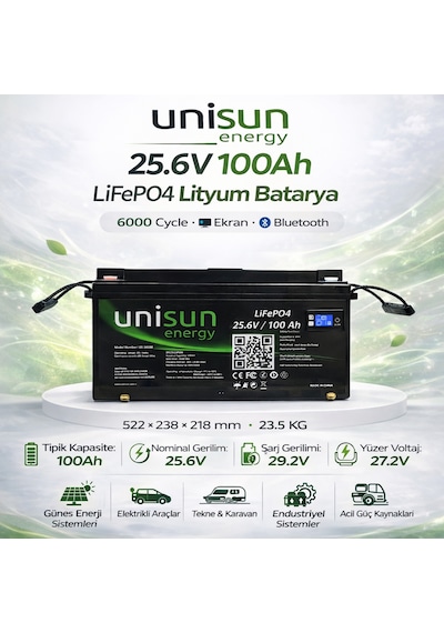 Unisun 25.6v 100ah Lifepo4 Batarya 6000 Cycle + Ekran + Bluetooth