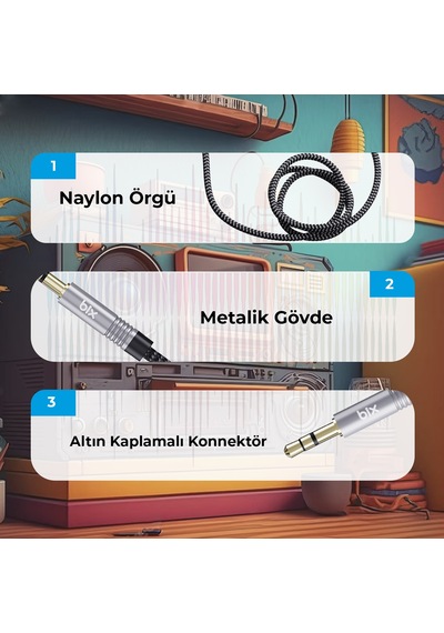Bix BXAU103 3 M 3.5 MM Erkek Örgülü Aux Ses Kablosu