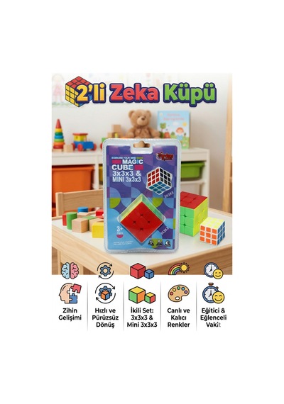 2'li Zeka Küpü Seti - Standart 3x3x3 & Mini 3x3x3 - Hızlı Dönen Etiketsiz Eğitici Akıl Oyuncağı