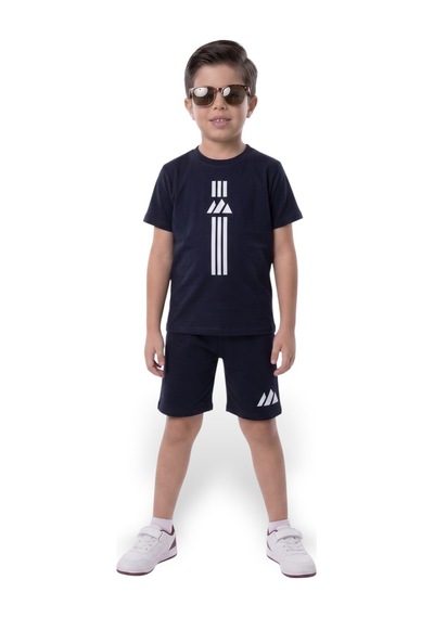 Minik Motion 2'li Set Kısa Kollu Tshirt Ve Şortlu Çocuk Minikmotion Alt Üst Takım Beyaz - Lacivert