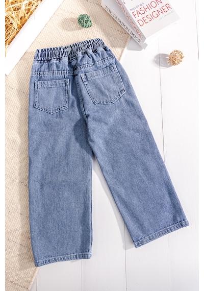 Babymod Yıldız Detaylı Beli Lastik Belli Bol Paca Denim Kız Çocuk Pantolon Mavi