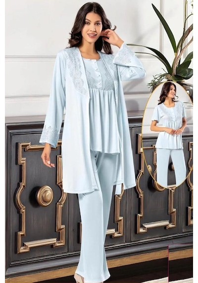 Xses 4001 Kadın Hamile Lohusa Sabahlıklı Pijama Takım-mavi