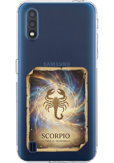 Samsung Galaxy A01 İle Uyumlu Burç Kartları Akrep Tasarımlı Şeffaf Silikon Kılıf Şeffaf