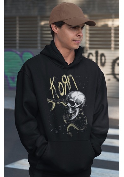 Sevbano Tasarım Korn Rock Metal Müzik Grubu Baskılı Unisex Oversize Hoodi Siyah