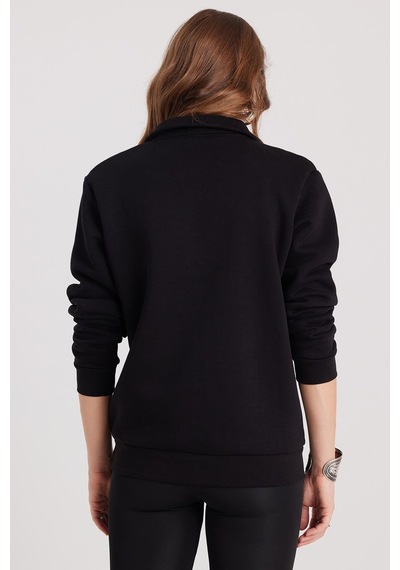 Tudors Kadın Relax Fit Rahat Kesim Pamuklu İçi Polarlı Yarım Fermuarlı Siyah Dik Yaka Sweatshirt-37888 SiYAH