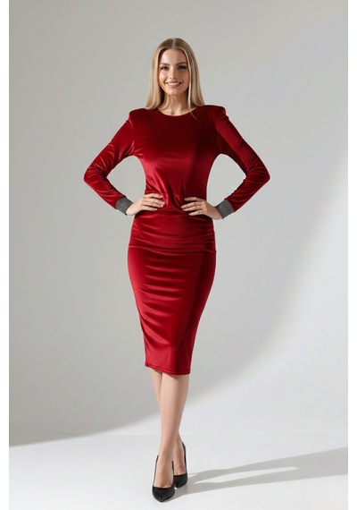Defymoda Kadın Modern Vatkalı Midi Elbise Kırmızı