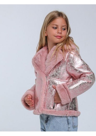 Escabel Kız Çocuk Parlak Kumaş İçi Peluş Detaylı Tasarım Mont-14266 Pembe