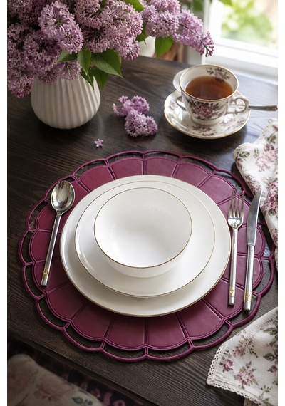 Nakışlı Deri Amerikan Servis 2'li Set Çift Taraflı Yuvarlak Supla 40x40 Cm Casa Bordo