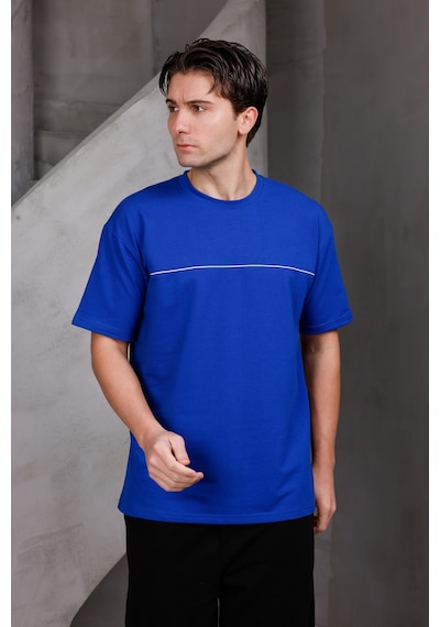 Erkek Garnili Şeritli Oversize Bisiklet Yaka 2 İki İplik Kompakt T-shirt Saks