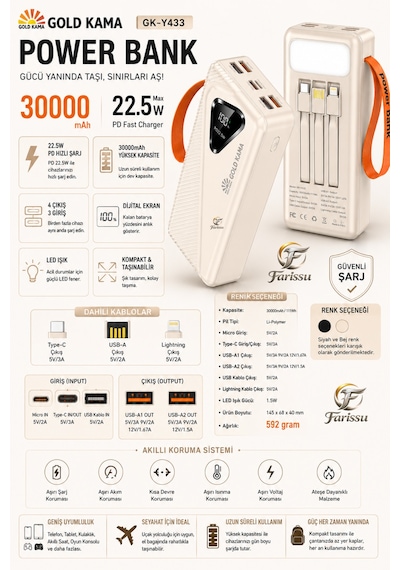 Gk-y433 30000 Mah Powerbank 22.5w Hızlı Şarj Dijital Ekranlı Led Işıklı Dahili Kablolu Taşınabilir Şarj Cihazı Bej