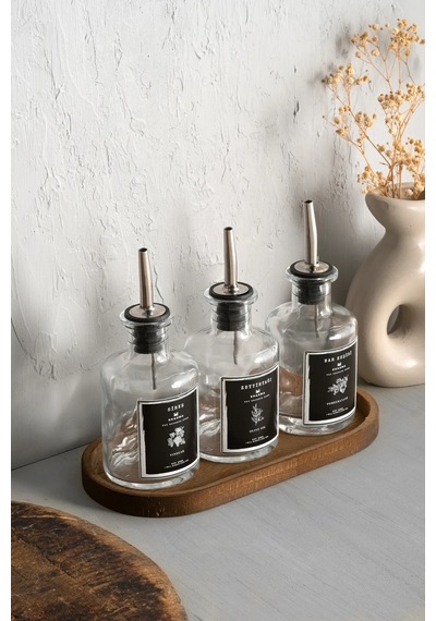 Khakma Ahşap Stantlı Şeffaf 3'lü 250 ML Sosluk Yağdanlık