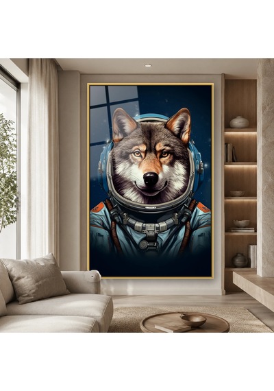 Astronot Kasklı Kurt Gold Çerçeveli Cam Tablo