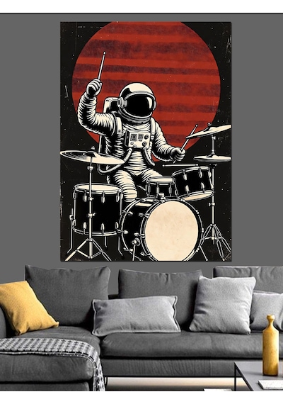 Ahşap Tablo Ay Önünde Bateri Çalan Astronot Çiçek Resimli Tablolar