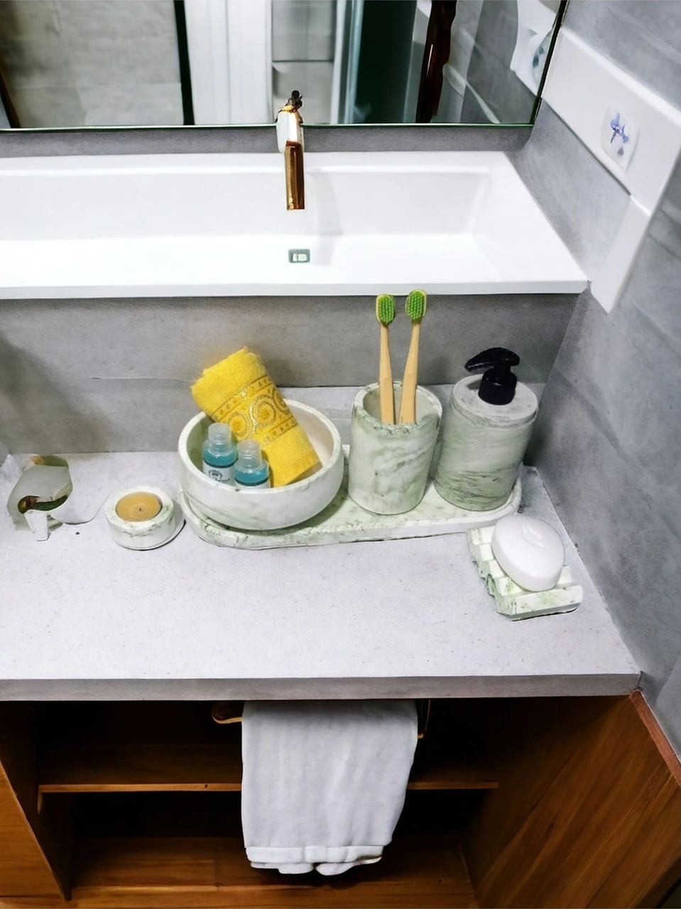Marble Serisi 6'lı Banyo Seti , Sıvı Sabunluk Diş Fırçalığı Beton Aksesuar Takımı Gri