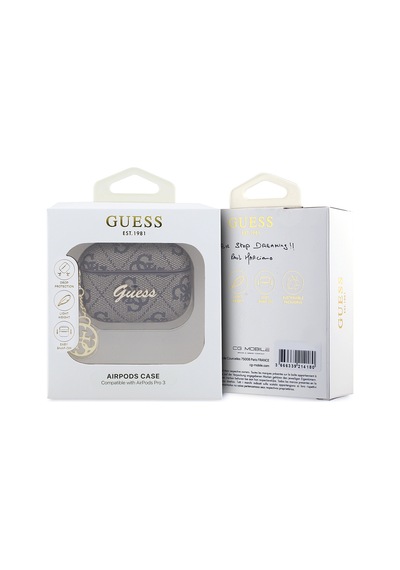 Airpods Pro 3 Uyumlu Kılıf Guess Lisanslı 4g Desenli Metal Script Logolu 4g Charm Kahverengi