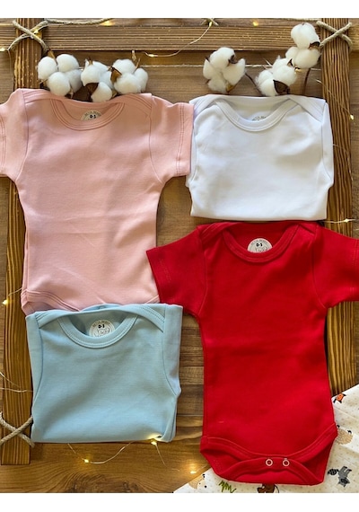 Betül Bebek Kısa Kollu 4'lü Organik Pamuk Çıtçıtlı Bebek Body & Zıbın Kırmızı,mavi,pembe,beyaz Çok Renkli