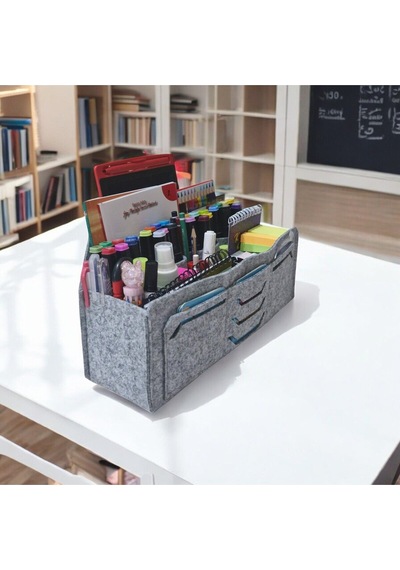 Masaüstü Kalemlik Organizer Gri Renk Ofis Düzenleyici Çok Gözlü 3mm Keçe