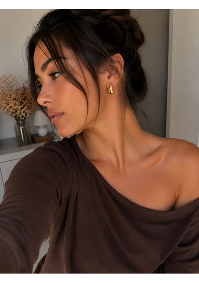 Gold Yarım Damla Formlu Çelik Küpe Minimal Vintage Tasarım Altın